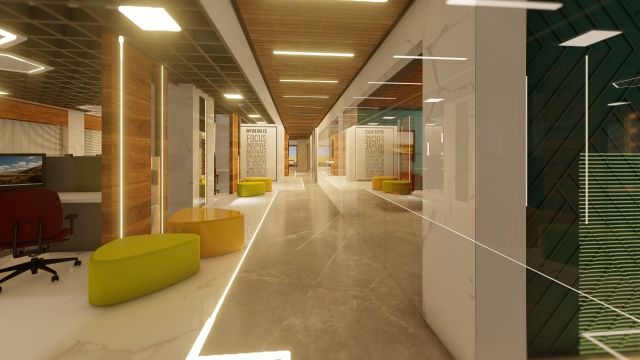Contemporary working space with wooden ceiling